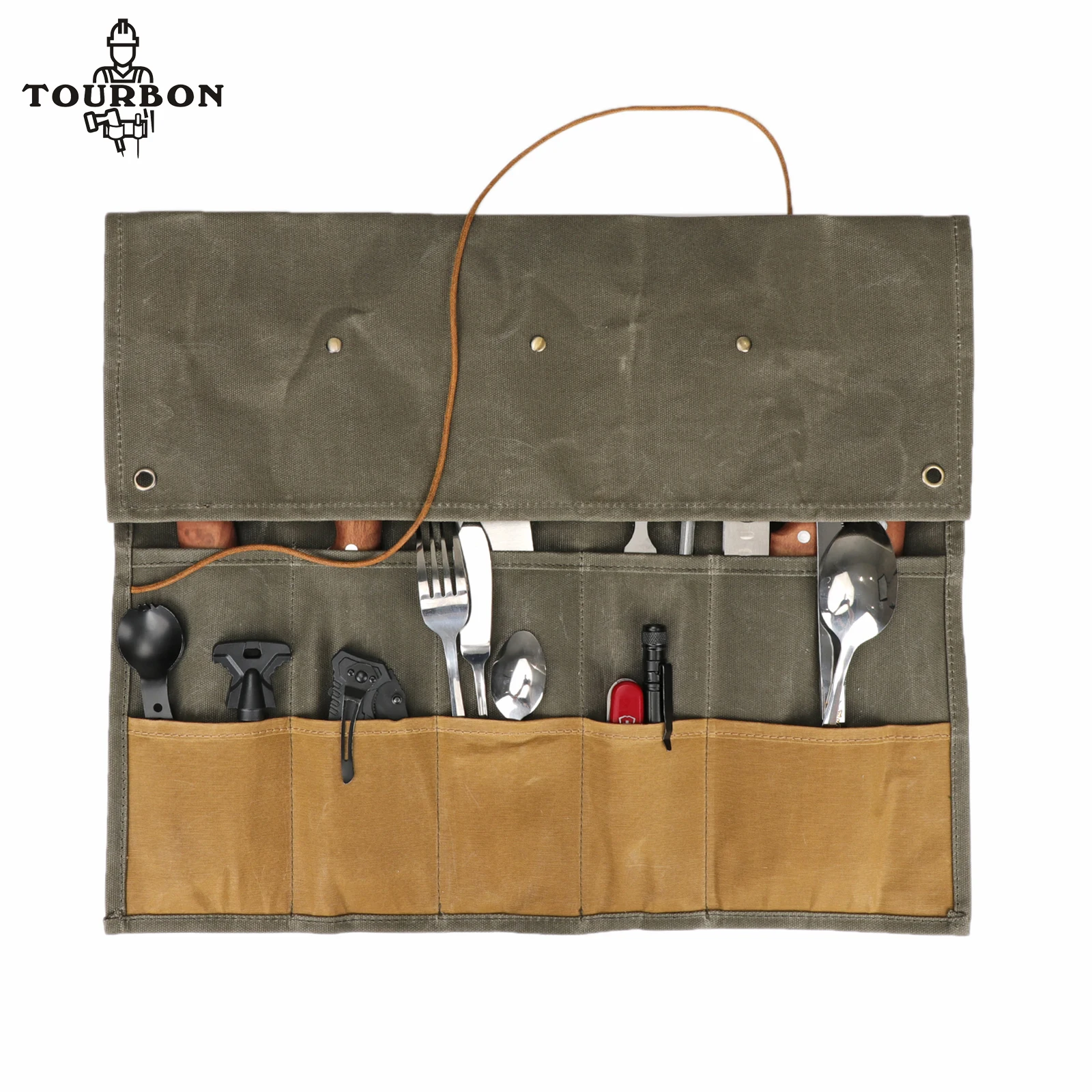 Tourbon Canvas Tools Tableware Roll Up Bag Camping Portable Carry Pouch Workshop Storage Splier Tool Organizer