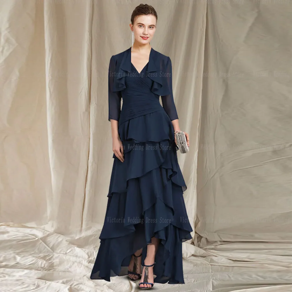 

Elegant 2 Pieces Navy Mother Of The Bride Dresses V Neck 3/4 Sleeves Chiffon Wedding Party Dress Tiered A-Line فساتين السهرة
