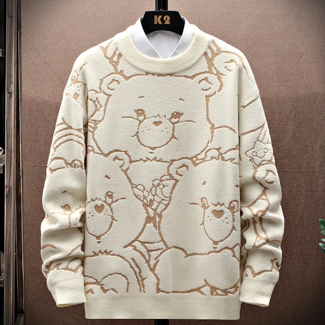 Luxury Large Cartoon Bear Pattern Mens Knitted Sweater Streetwear