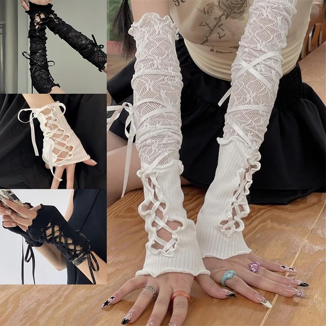 Femmes cerclage dentelle sans doigts chaud Sexy bras manches bricolage à lacets gants de protection solaire maille élastique Punk gants vêtements accessoires 1