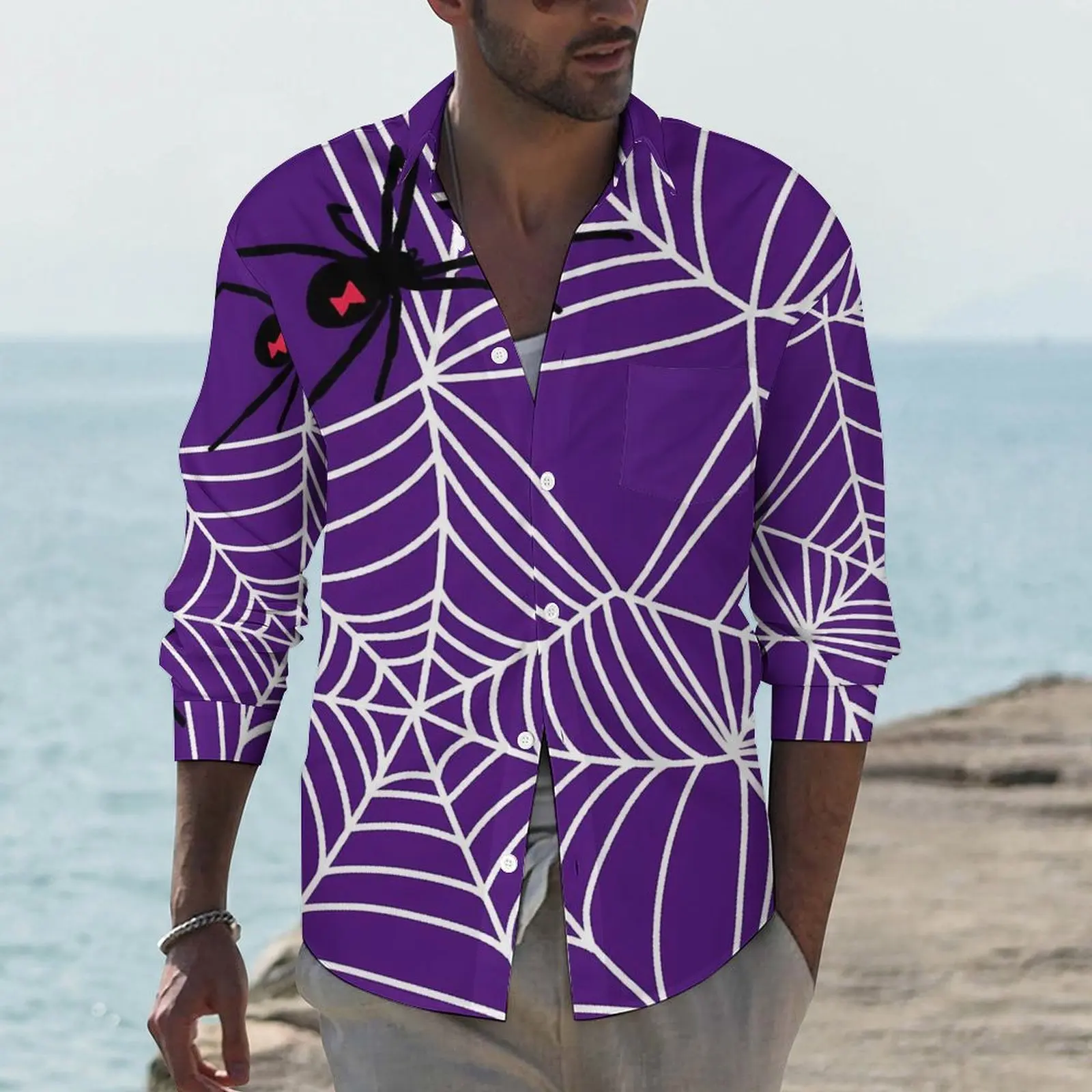 

Halloween Casual Shirts Men Black Widow Spider Web Shirt Long Sleeve Trendy Y2K Blouses Autumn Printed Clothing Plus Size