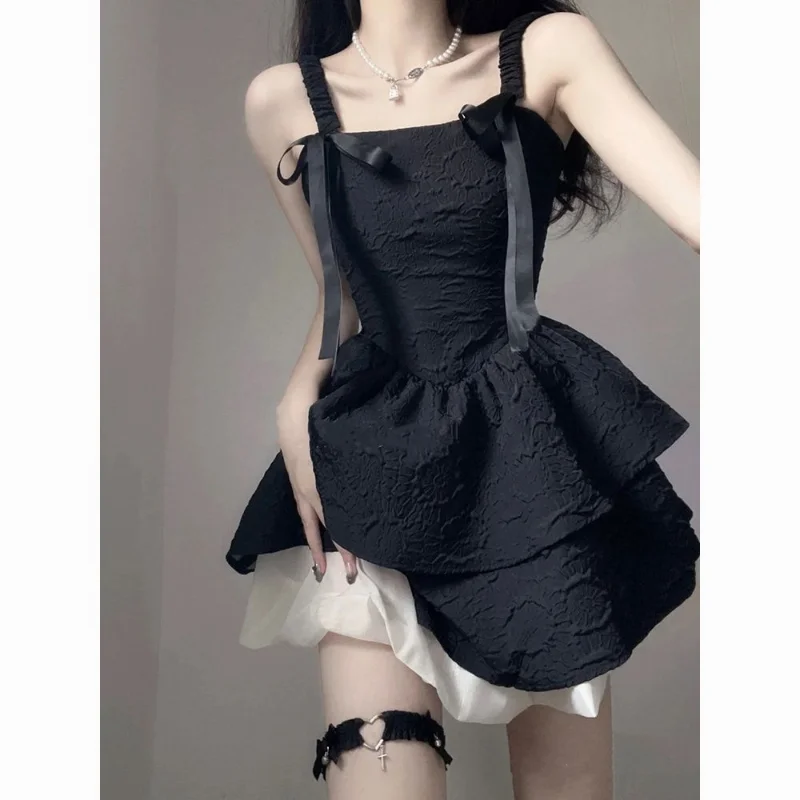 

HOUZHOU Goth Slip Fluffy Black Women's Dress Off Shoulder Sexy Corset Party Prom Cocktail Mini Dresses Korean Fashion Streetwear