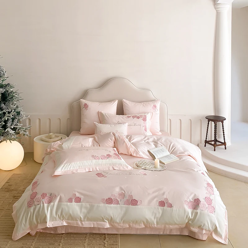 

Романтический Комплект постельного белья с розовой вышивкой, 100S хлопок, мягкая Красивая простыня, наволочки, комплект пододеяльника (Королевский размер, 4 шт.)