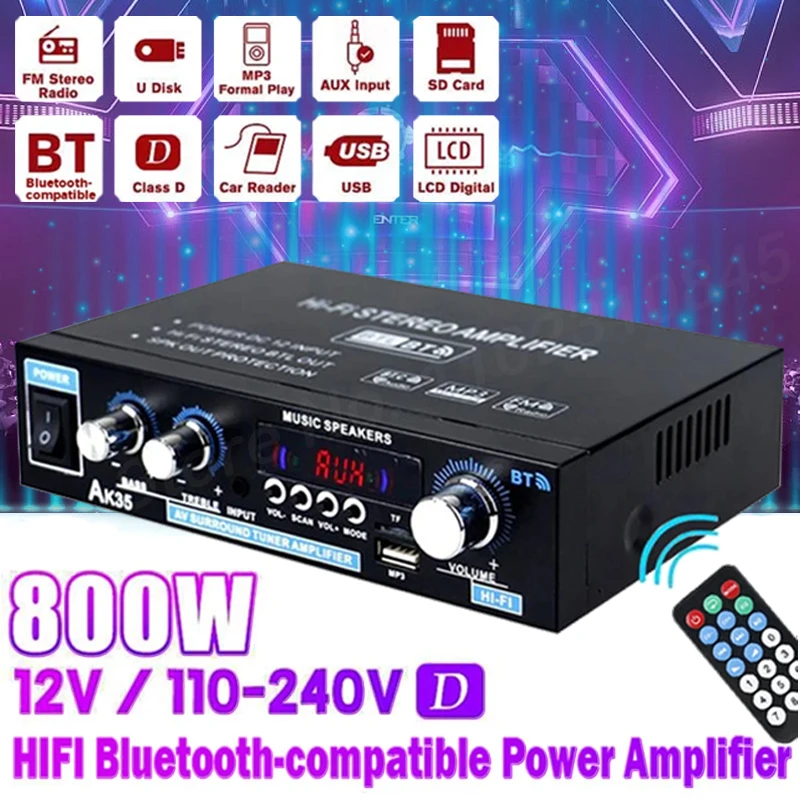 

AK35 800 Вт домашние Усилители мощности 2-канальный Bluetooth 5,0 объемный звук FM USB Дистанционное управление мини цифровой усилитель HIFI стерео