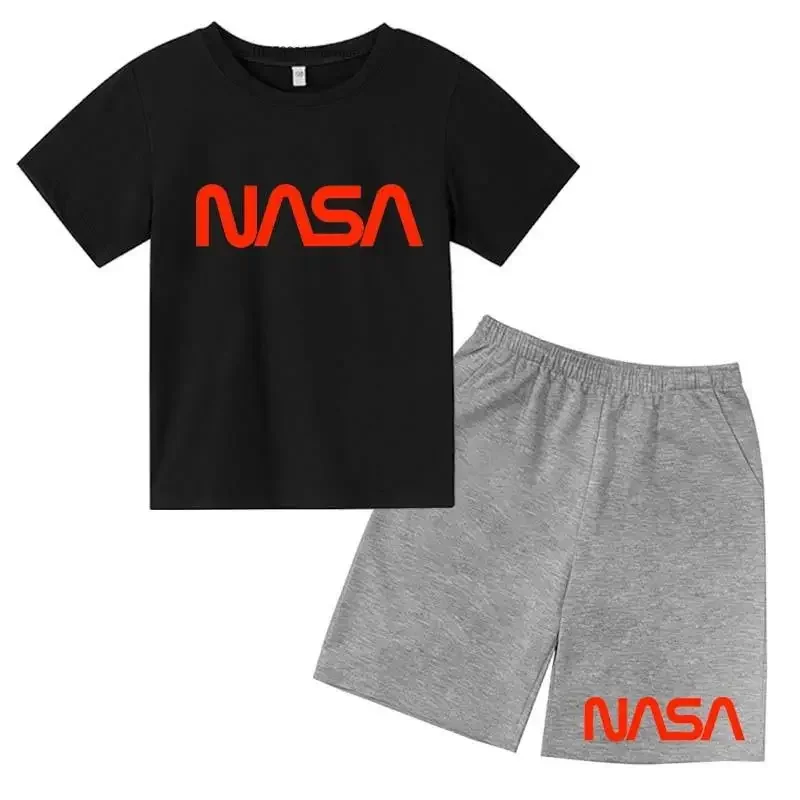 thumbnail image 1 of Conjunto de 2 camisetas y pantalones cortos con estampado de letras de verano para niños de 2 a 13 años, ropa deportiva de calle para niños y niñas, 1 of 5