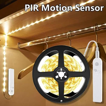 PIR 모션 센서 유도 야간 조명 테이프, 5M 배터리 LED 스트립, 캐비닛 아래 조명, 실내 옷장