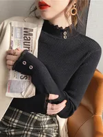 2025 Knitted Women Sweater O-neck Button Pullovers Spring Autumn Basic Sweaters for Female Pullover Slim Solid Bold Lace Tops - Image 3