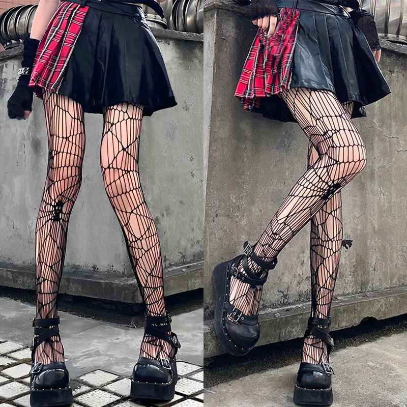 New Lolita Spider Web Tights Sexy Skull Fishnet Thigh High Stockings Women  Girls Gothic Black Hollow Out Web Mesh Pantyhose - AliExpress