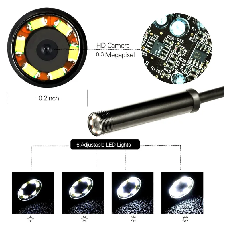 Endoscope 0.3MP Endoscope 3 in 1 Endoscope with Adjustable LEDs 1 meter 1/6" CMOS Lens Diameter 7.0MM Endoscope IP67 waterproof 3
