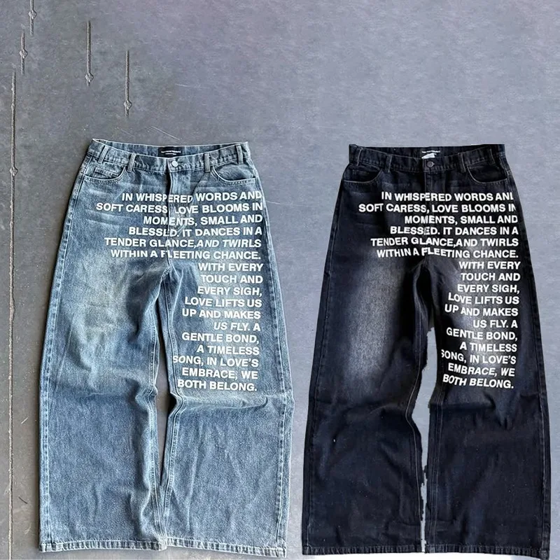 Retro American Y2K Men's Denim Jeans Streetwear Washed Letter Print Casual Loose Straight Leg Low Waist Zipper Closure