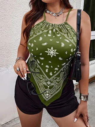 Plus size sexy off-shoulder backless camisole with a triangular scarf as a base layer to wear outside or layered with printed ca