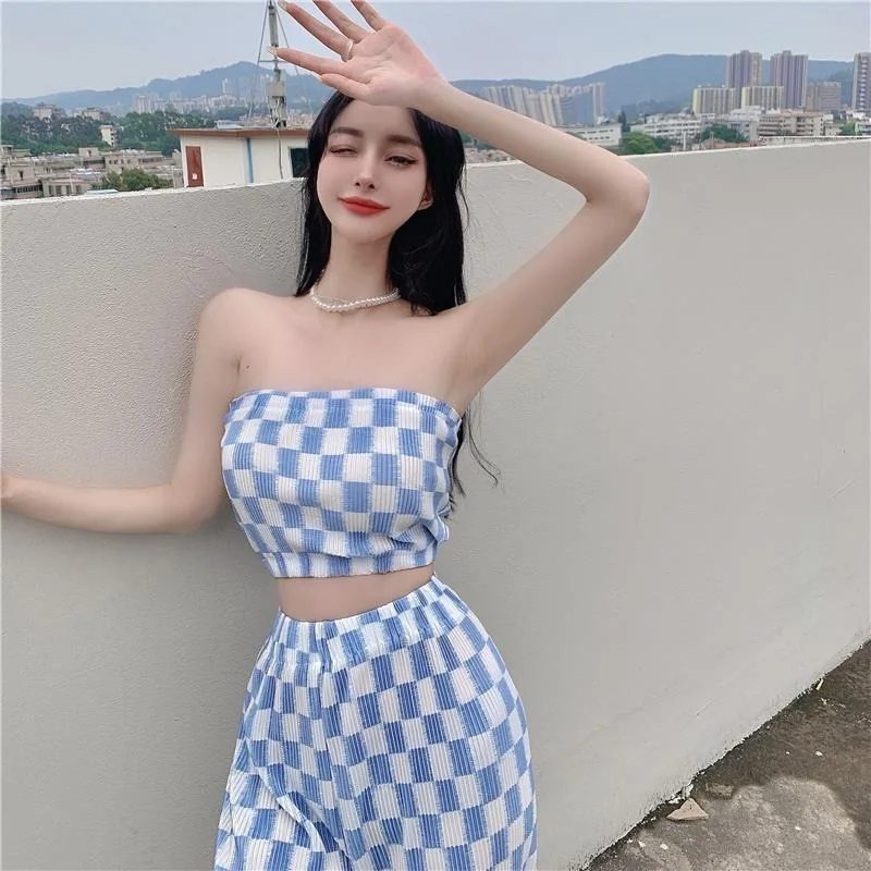 2024 Summer New Spicy Girl Short Sexy Bra Open Waist Tank Top with Checkered Pleats Comfortable Casual Women's Wide Leg Pants
