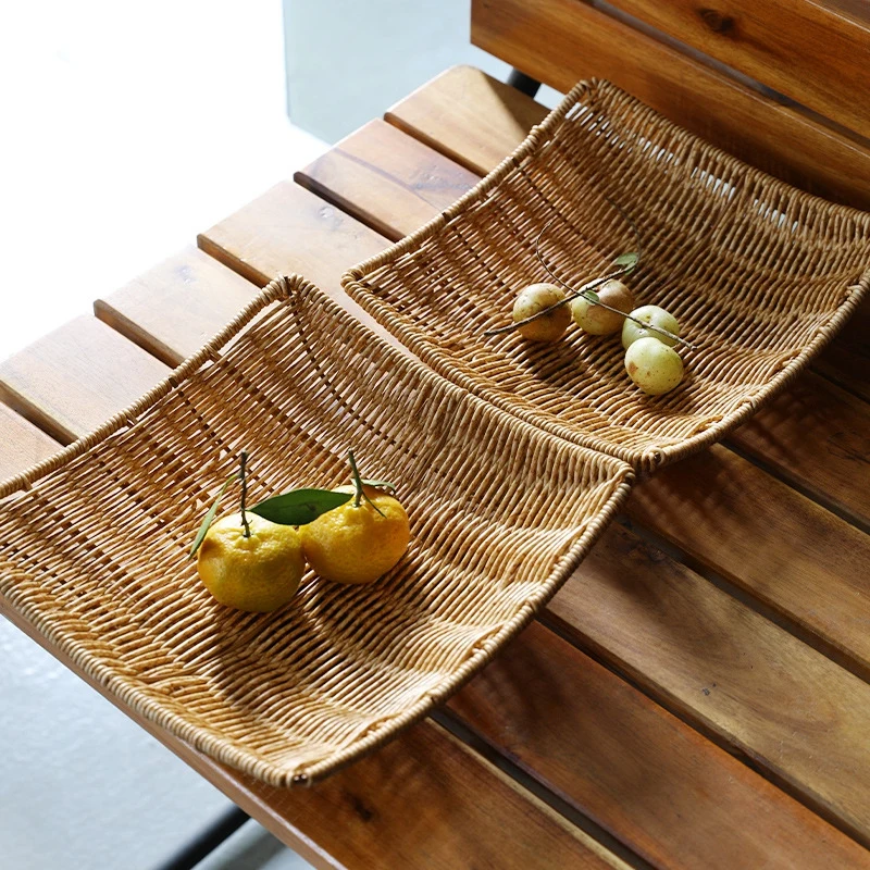 Rattan Fruit Bread Snacks Storage Tray Coffee Bar Storage Basket Nordic Desktop Cosmetic Sundries Organizer Kitchen Storage Boxs 2