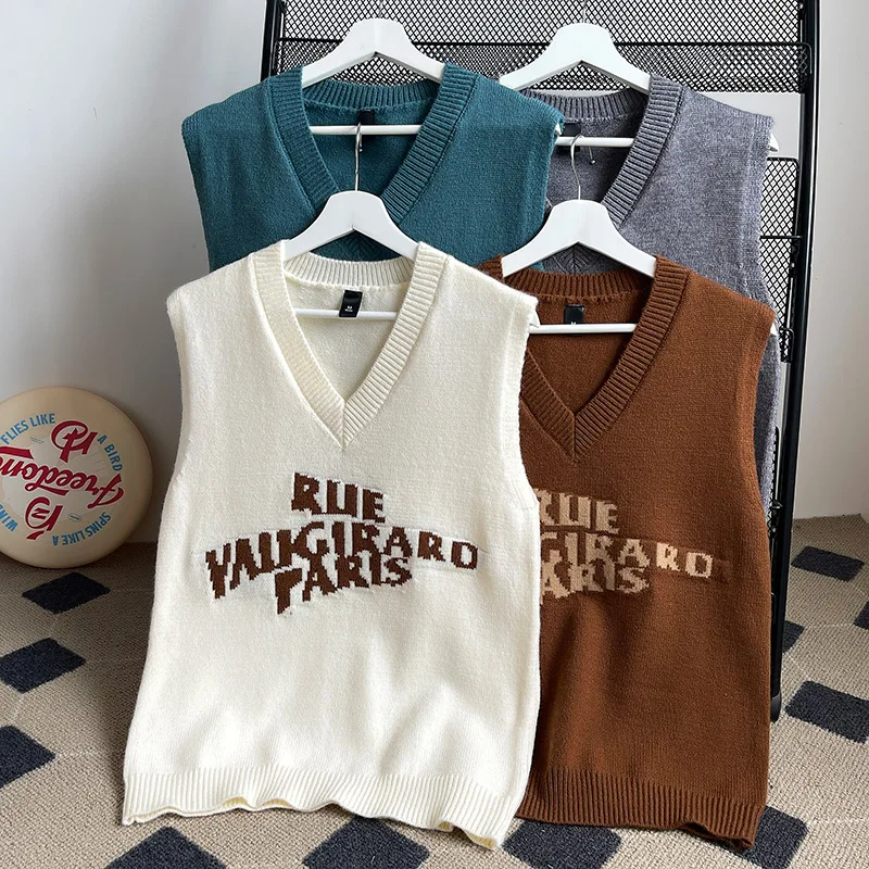 

Men's Letter Sweater Vest V-Neck Sleeveless Preppy Style Sweater Vest Fashion Campus Pullovers Classic Fit Tank Tops