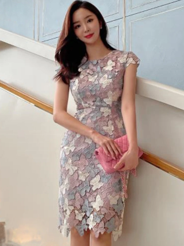 Womens Dresses Summer Lace Korean Retro Color Blocking