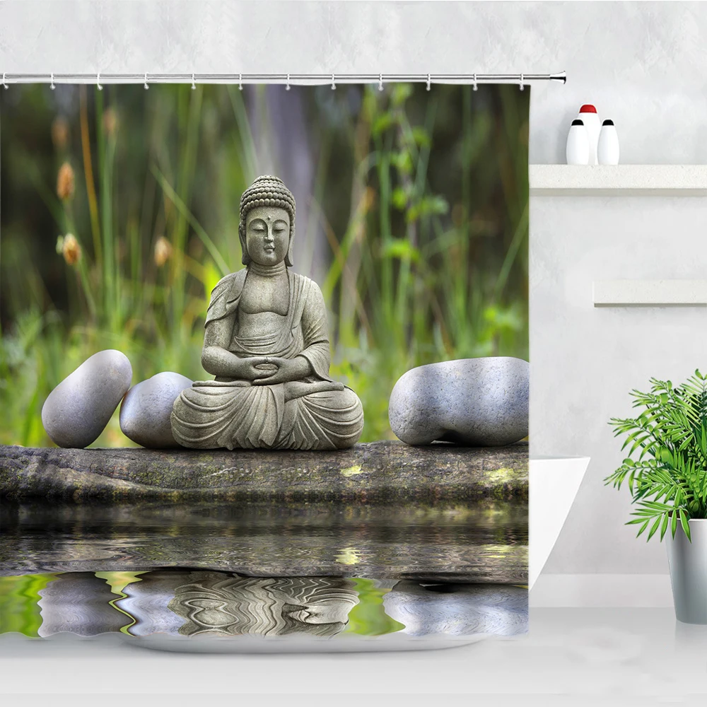 Green Bamboo Buddha Shower Curtain Landscape Waterproof Bathroom Curtain