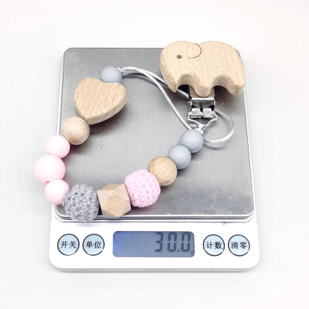 Silicone Beaded Pacifier Chain Elephant Beech Wood Pacifier Clips Baby Anti-Drop Soother Holder for Teething