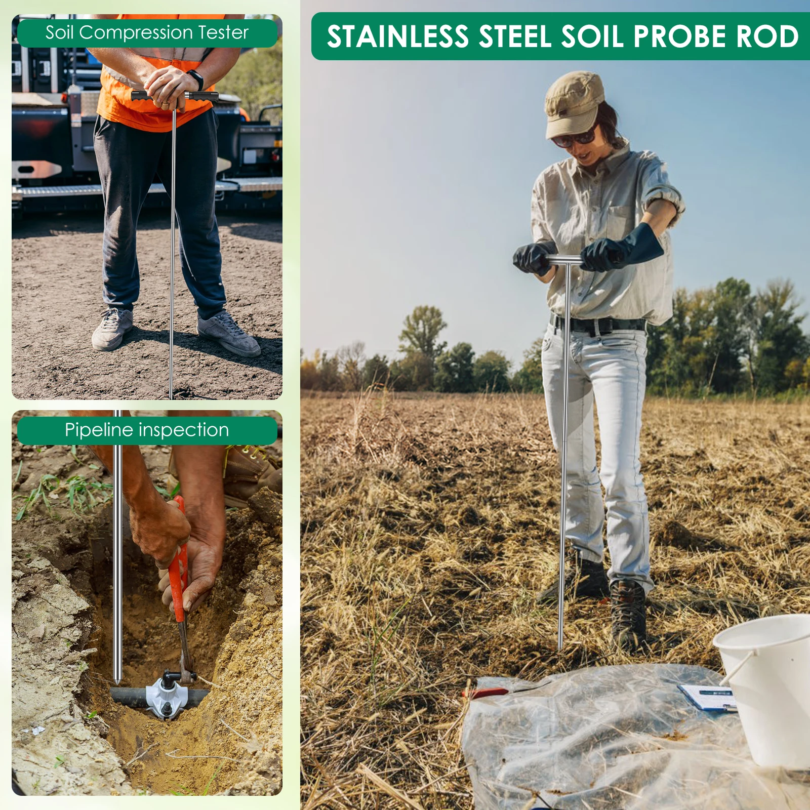 Stainless Steel Soil Probe Rod Height Adjustable Ground Probe Rod with Handle Portable Ground Rod Tool for Locating Septic Tanks