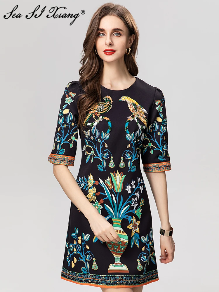 

Seasixiang Fashion Designer Spring Summer Mini Dress Women O-Neck Short Sleeve Sequins Crystal Floral Print Vintage Dresses