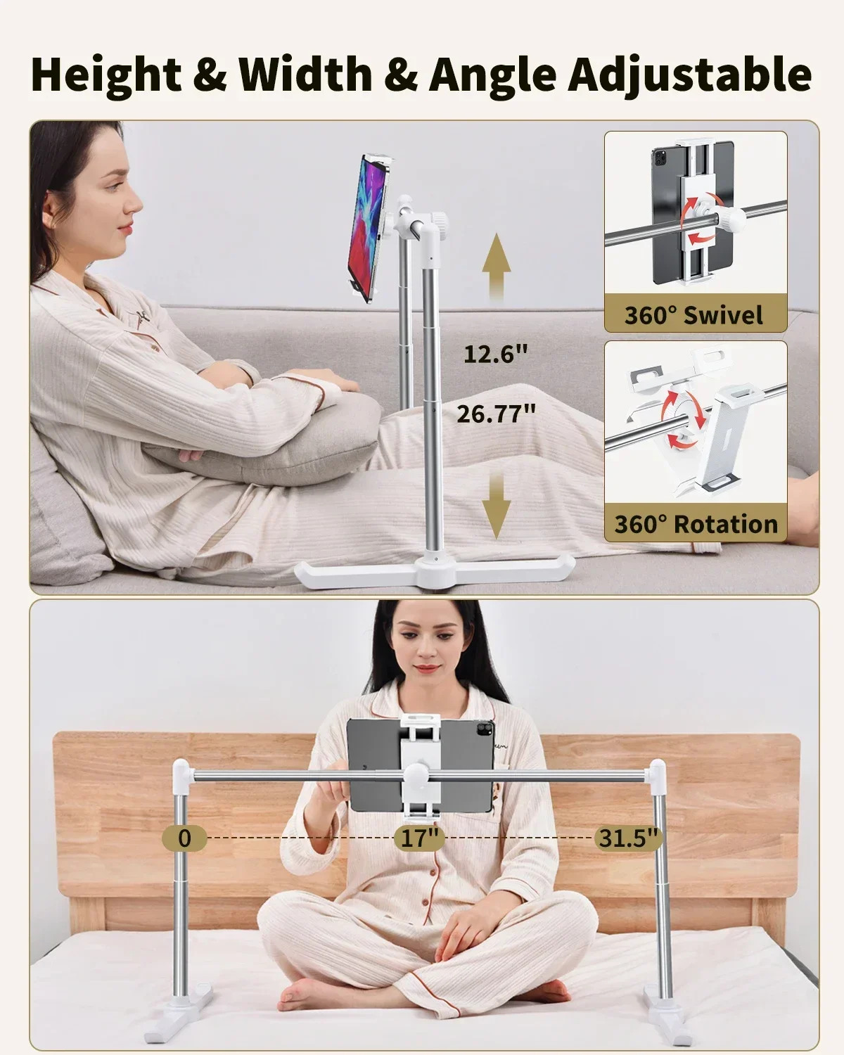 Eary Tablet Stand For Bed Sofa Laying Down Phone Holder With 360 Rotation Height Width Adjustable Multi-Functional Clamp Bracket