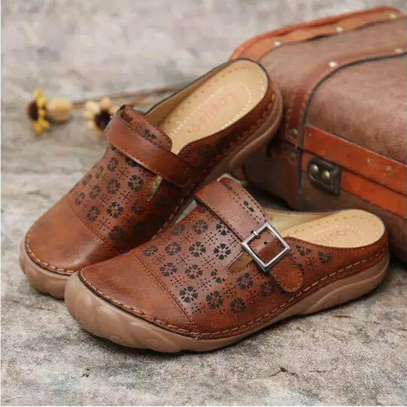 PU Leather Women Slippers Round Toe Summer Hollow Outdoor Flat Shoes Casual Leather Buckle Loafers Shoes Women Sandals WSH4459 women sandals women flats soft sole slippers