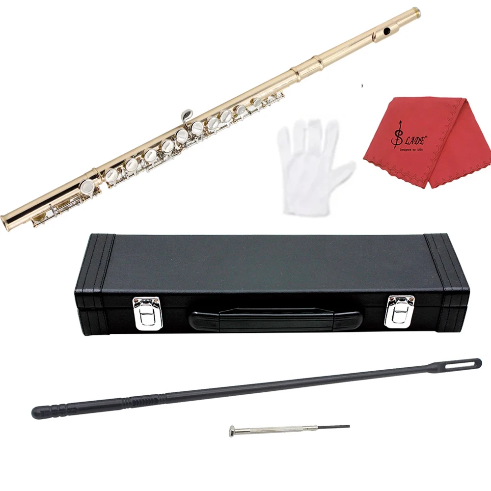 

SLADE Gold Plated 16 Holes C Tone Flute E Key Woodwind Instrument Nickel Plated Silver Cupronickel Tube Flute with Accessories
