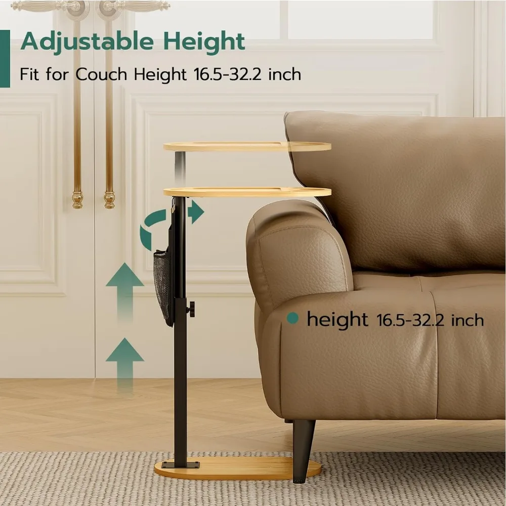 Yufoi Side Adjustable Heights, Bamboo Sofa With Storage Pocket, Liftable Couch Arm Tray Table