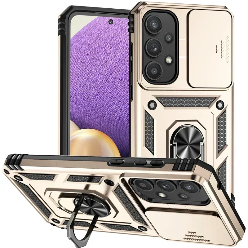 Military Grade Shockproof Phone Case with Slide Camera Lens Cover & Holder Ring Stand