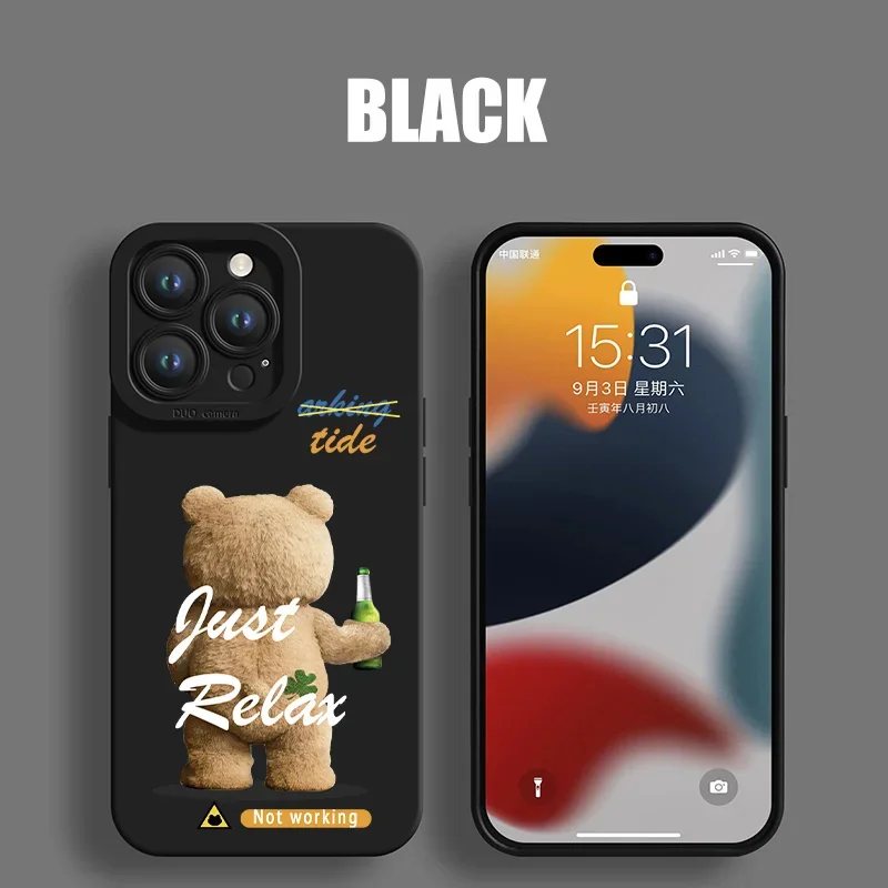 thumbnail image 1 of Highend Black Cartoon Bear Phone Case For iPhone 15 14 13 12 11 Pro Max X XS Max XR Mini 8 7 14 15Plus Matte Soft Silicone Cover, 1 of 5