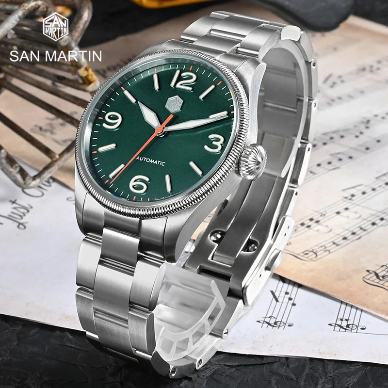 

San Martin Retro Men Pilot Watch Original Carved Coin Bezel NH35 Sapphire Luxury Automatic Mechanical Wristwatch Dive 10Bar