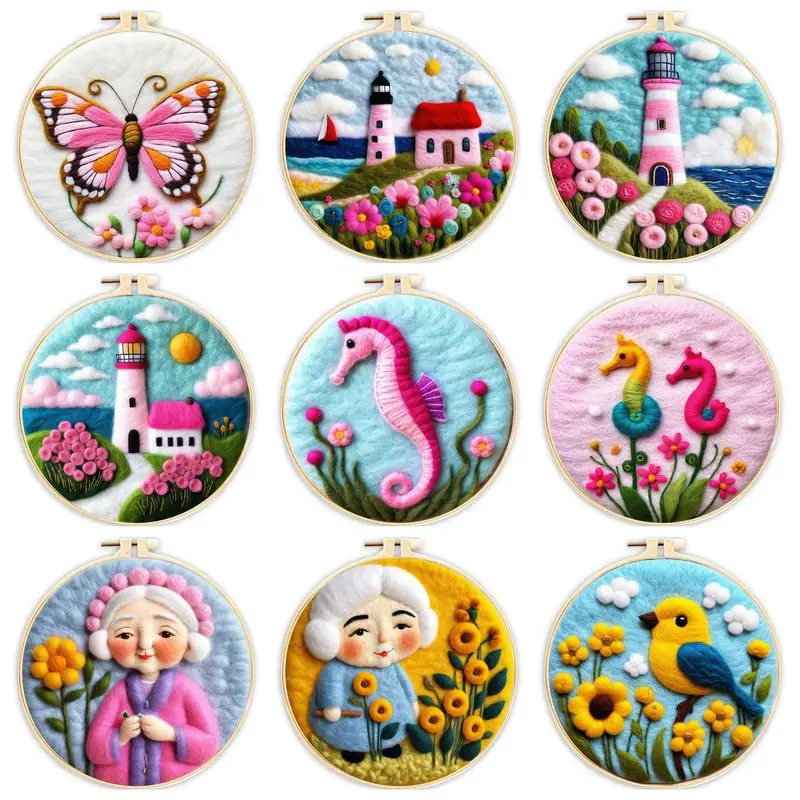 Lighthouse Needle Felting Starter Kits Wool Felt Painting Felt Set With Picture Frame Foam Pad Cloth Handmade Diy Crafts