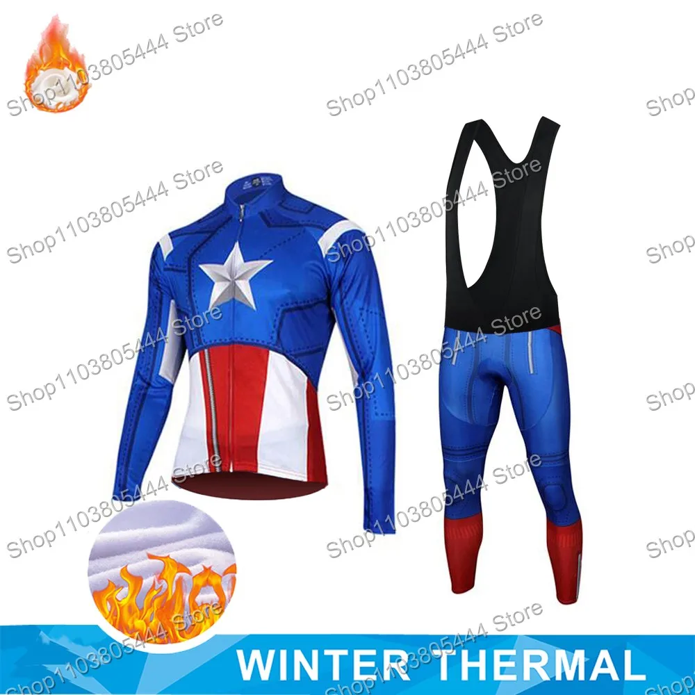 Super Hero Iron Anime Comics Cycling Jersey Set Winter Thermal Fleece Clothing Long Sleeve Bike Pant Bib Bicycle Suit MTB Outfit