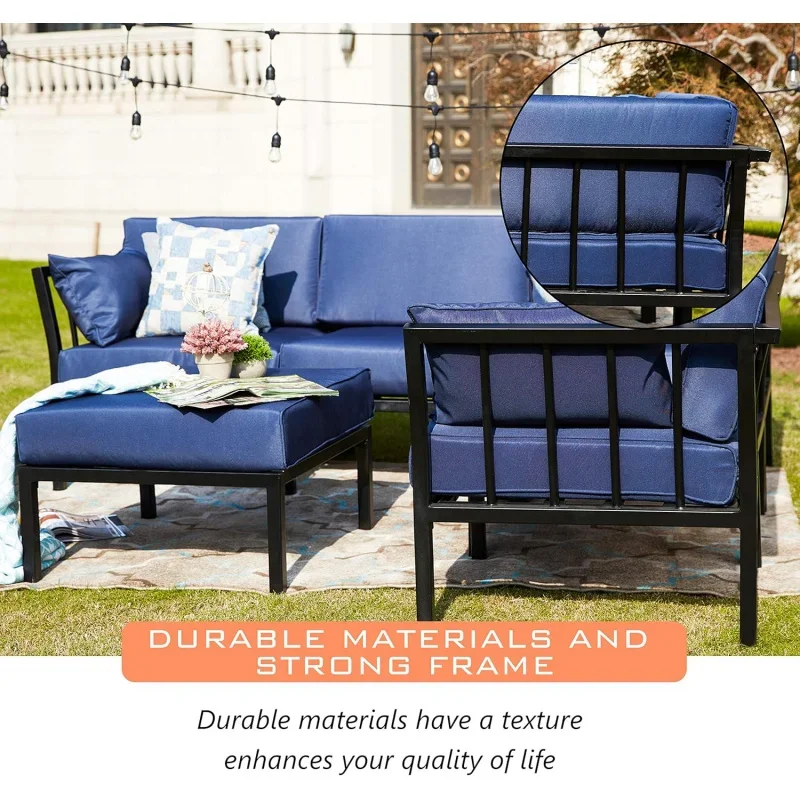 6 piece patio conversation set outdoor furniture sectional sofa with 3 corner couch 2 armless chair and 1 Ottoman, 6pcs, blue Cu