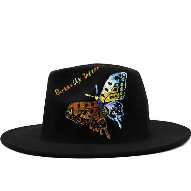 

Красочные бабочки Граффити Девушка Fedora шляпа шляпы для женщин Формальные Свадебные Украшения Черная Панама шляпа-федора Gorras Para Mujer