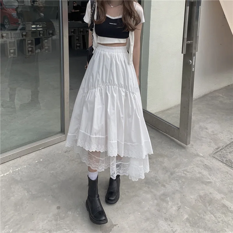 Fashion Summer Korean Women Skirts White Black Streetwear Long A-line High Waist Elastic Female Clothing Student Skirt Streetwea black leather skirt