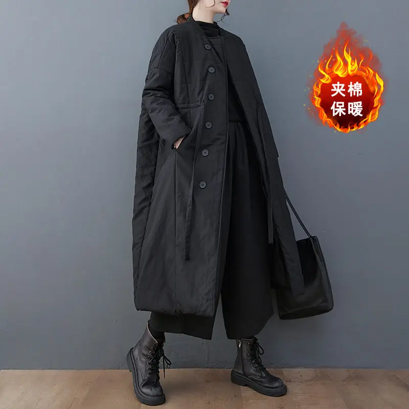 Solid Cotton Padded Long Jacket Winter Windbreaker Large Size Women\'s Lace Up Fashion Quilted Clothes Trend Parka Coats T173