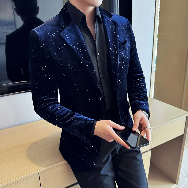 Men Suit Jacket Autumn Velvet Blazer Business Fashion Printed Suit
