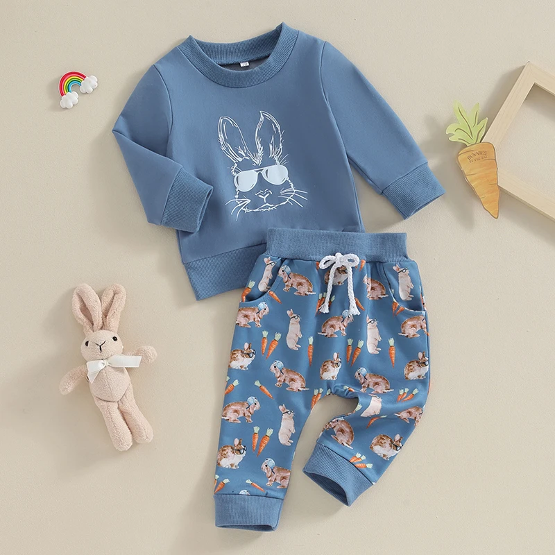 FOCUSNORM 0-3Y Autumn Toddler Boys Easter Clothes Sets 2pcs Long Sleeve Cartoon Rabbit Print Sweatshirt Carrot Pants