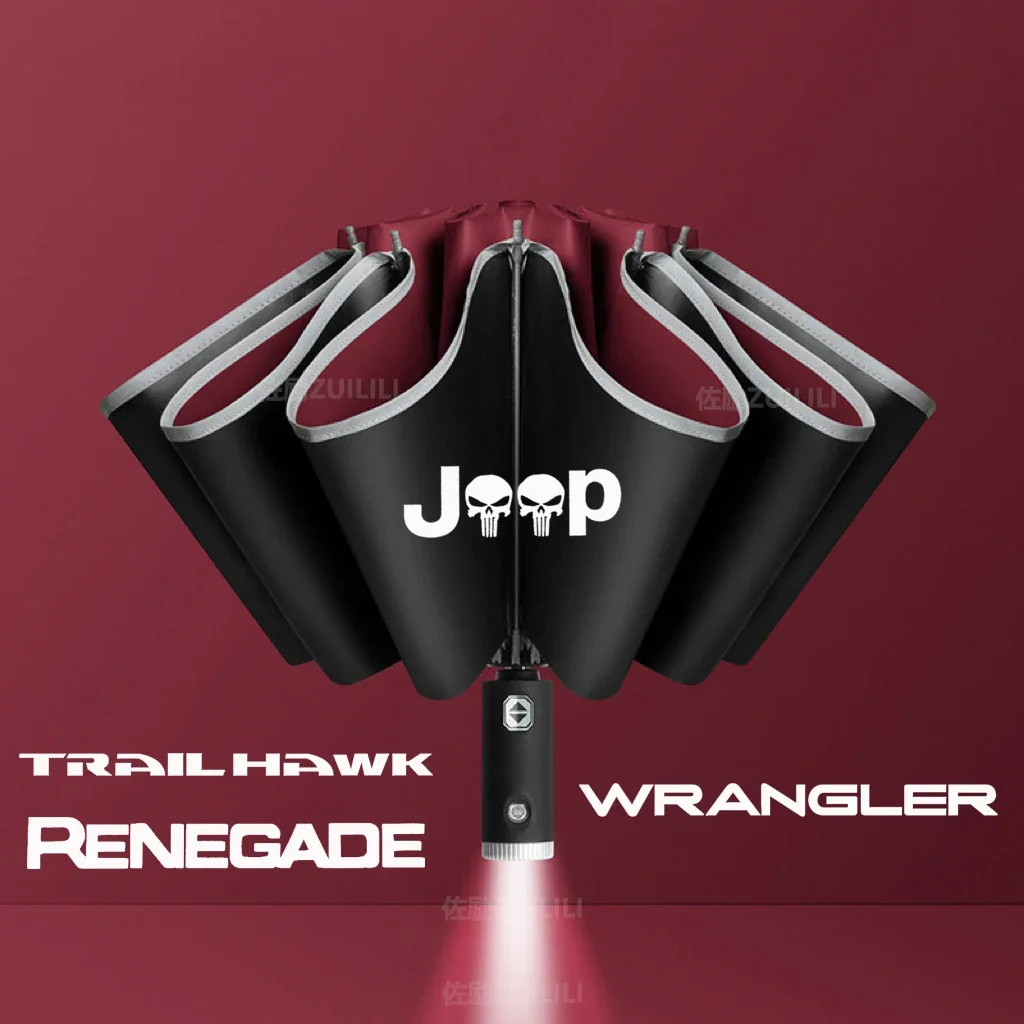 Jeep Wrangler JL JK TJ Renegade Trail Hawk Auto Automatic Reflective Stripe Reverse Led Light Windproof Umbrella