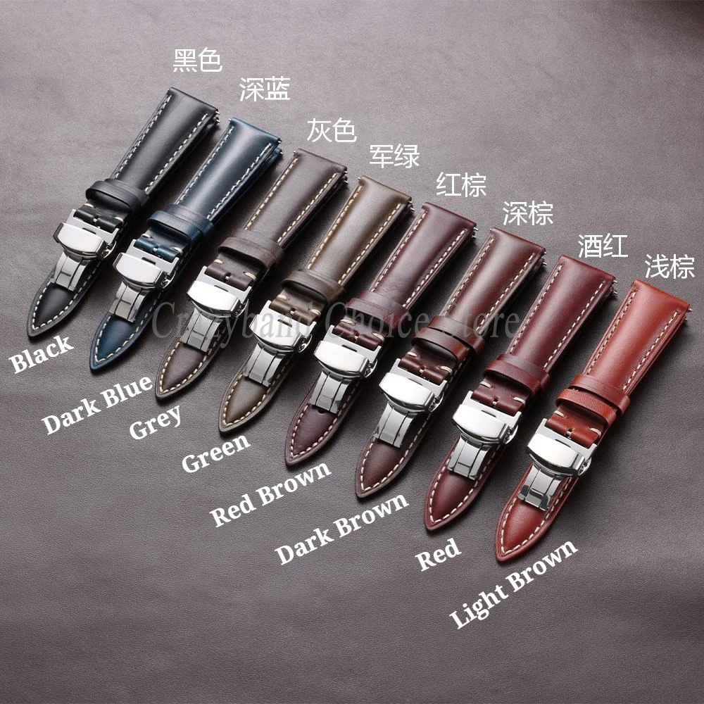 Premium Oil Wax Discoloration Calf Leather Watch Strap with Butterfly Buckle