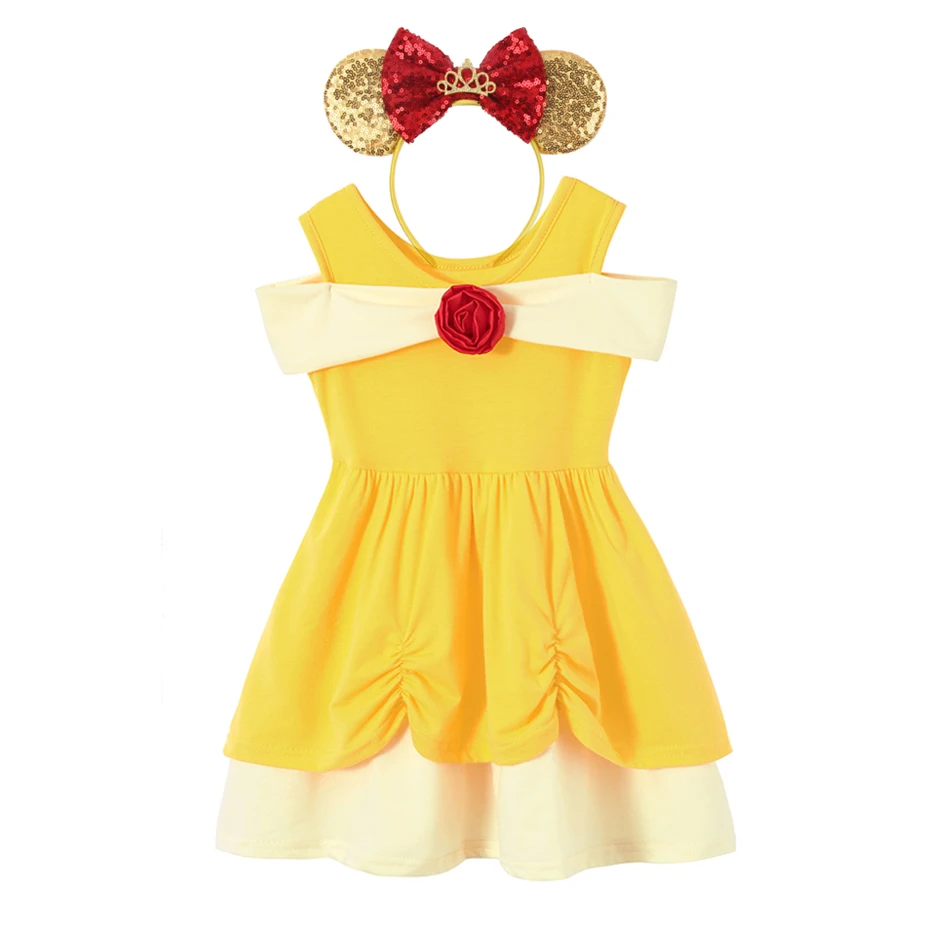 thumbnail image 1 of Vestido de princesa de algodón para niñas pequeñas, ropa informal de fiesta de cumpleaños, vacaciones, sirena, melocotón, Elsa, Anna, blanca, nieve, Verano, 1 of 5