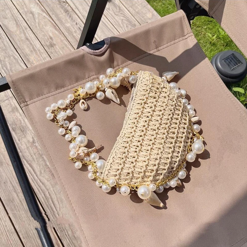 Fashion Made Shell Lady Evening Bags Conch In Papyrus Woven Chain Beaded Trim Shoulder Bag Handheld Beach Vacation Women'sHandba