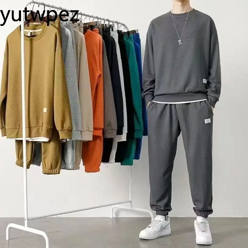 스포츠 러닝 남성용 와플 캐주얼 스웨트 슈트 티셔츠 스웨트팬츠 트렌드 트랙슈트 패션 스포츠 투피스 세트 아웃도어 하이킹
