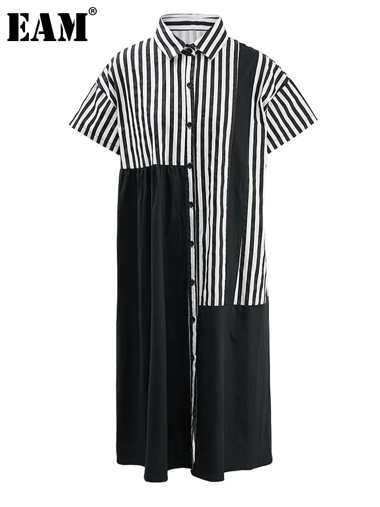 

[EAM] Women Black Striped Color-block Big Size Shirt Dress New Lapel Short Sleeve Fashion Tide Spring Summer 2024 CPG1503