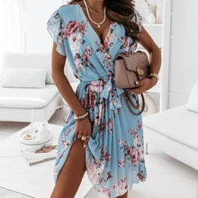 

Summer New Women's Clothing European and American Style Floating Sleeves Tight Waist Floral Pleated Dress Loose SlimmingVCollar