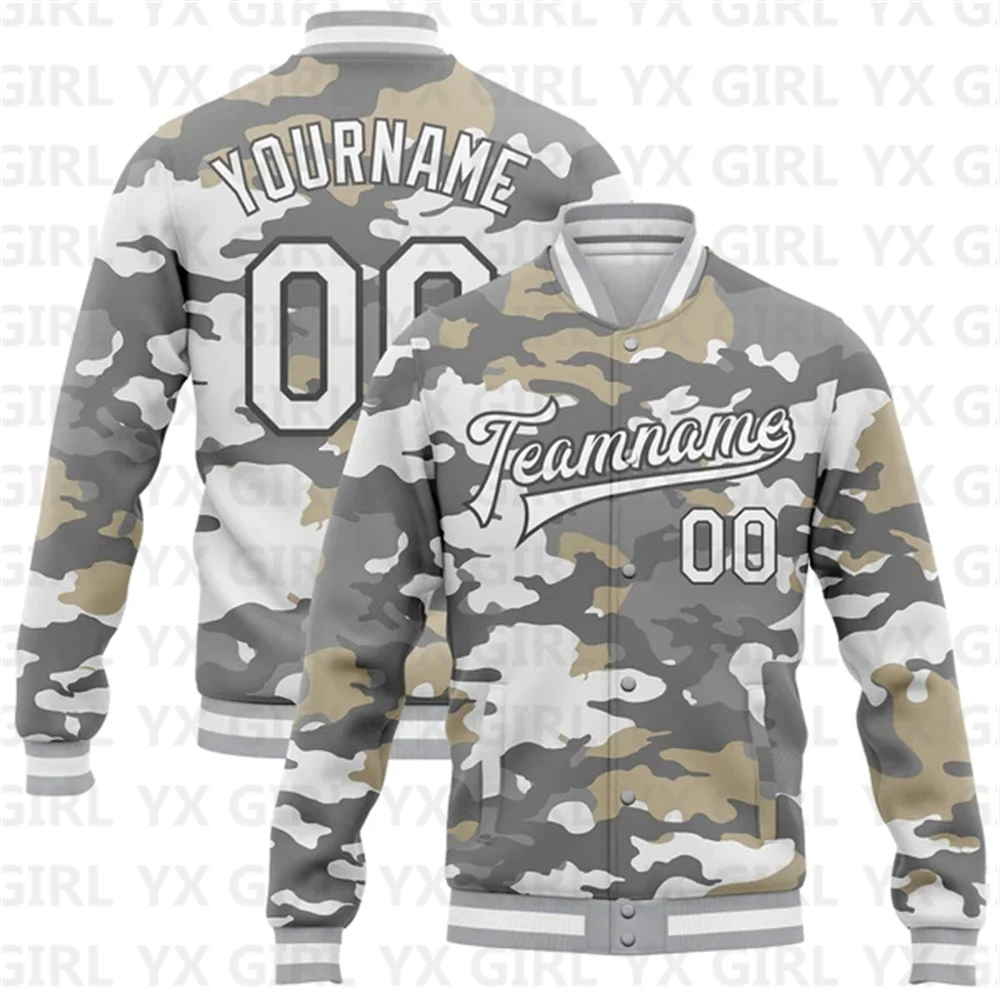 

Custom Camo White-Steel Gray Snow Camouflage Bomber Full-Snap Varsity Letterman Salute Service Jacket 3D Baseball Button Jacket