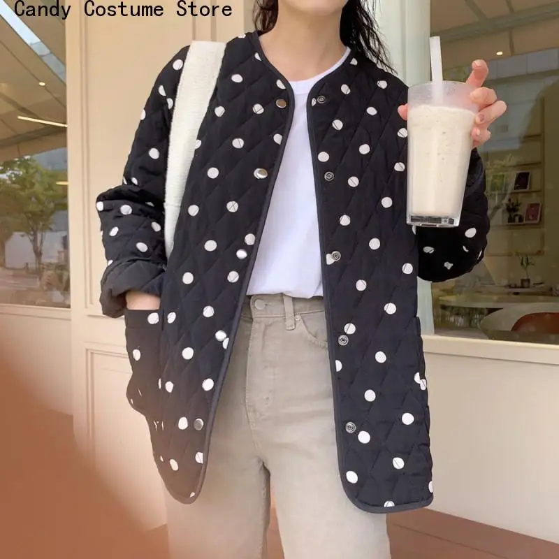 Female Long Sleeve Outwear Elegant Tops New Winter Polka Dot Women Coat O-Neck Warm Loose Casual Jacket