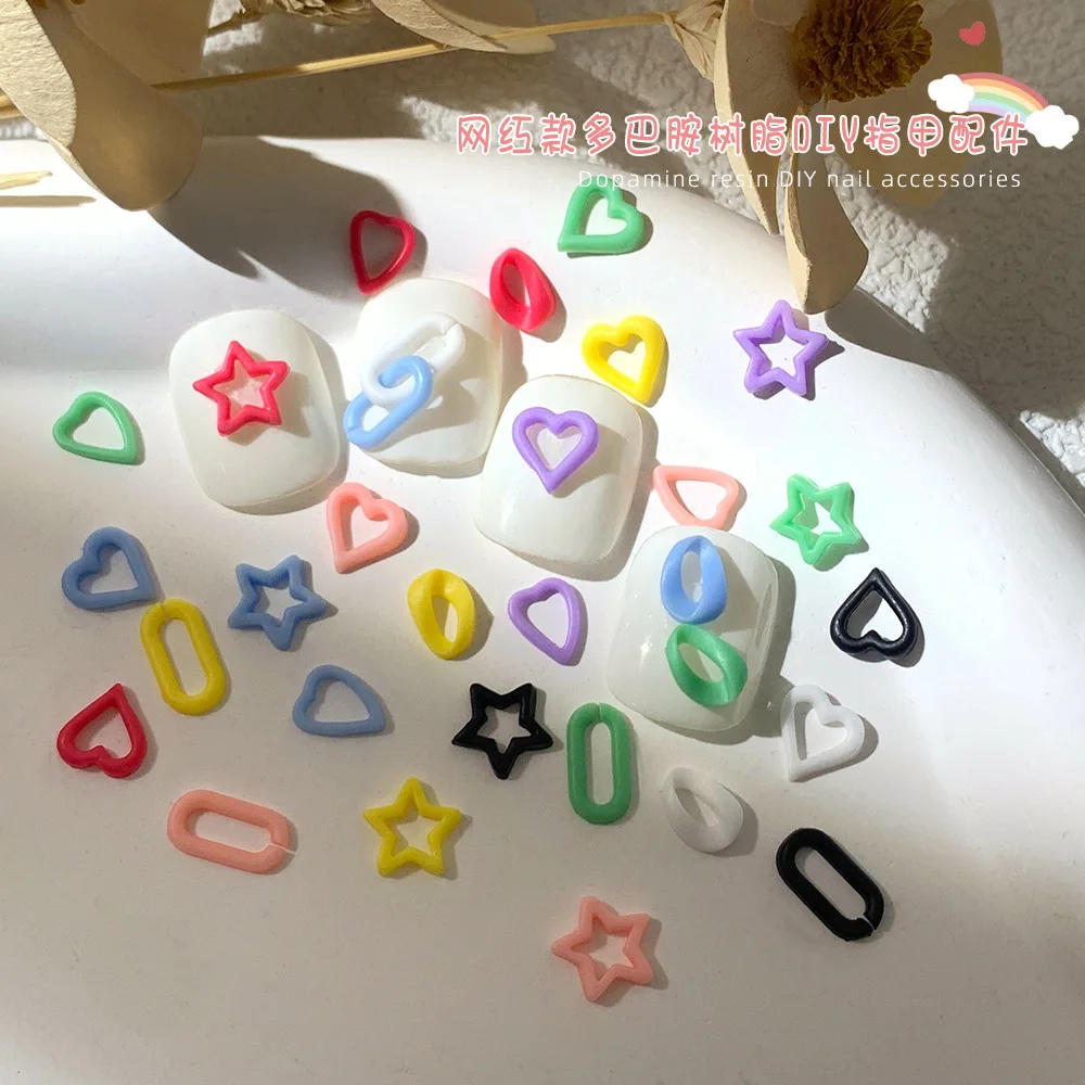 

100pcs Hollow Pentagram Heart Nail Art Charms Resin Candy Color 3D Kawaii Star Nails Rhinestones For Nail Art DIY Decorations