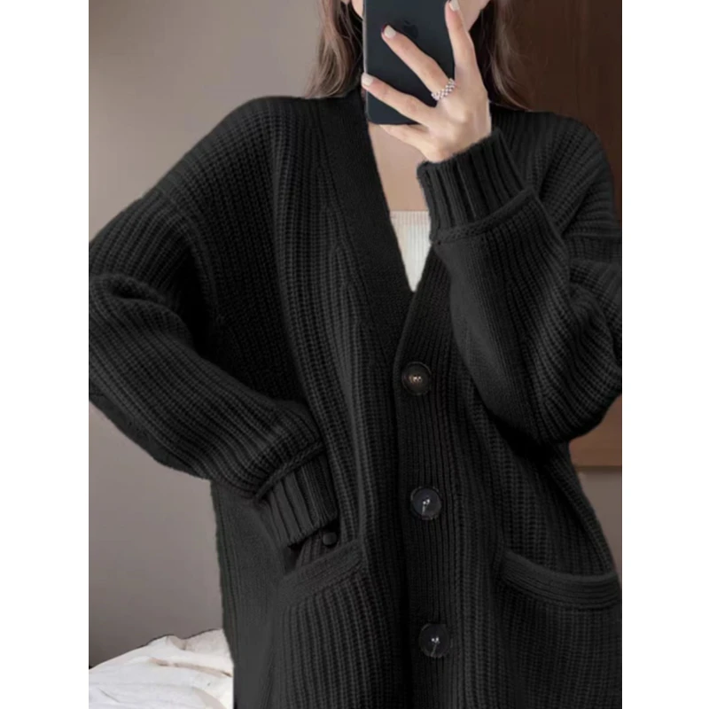 New V-neck Cardigan Women's Sweater Loose Long Sleeved Casual Knitted Fashionable Office Solid Color Pocket Jacket
