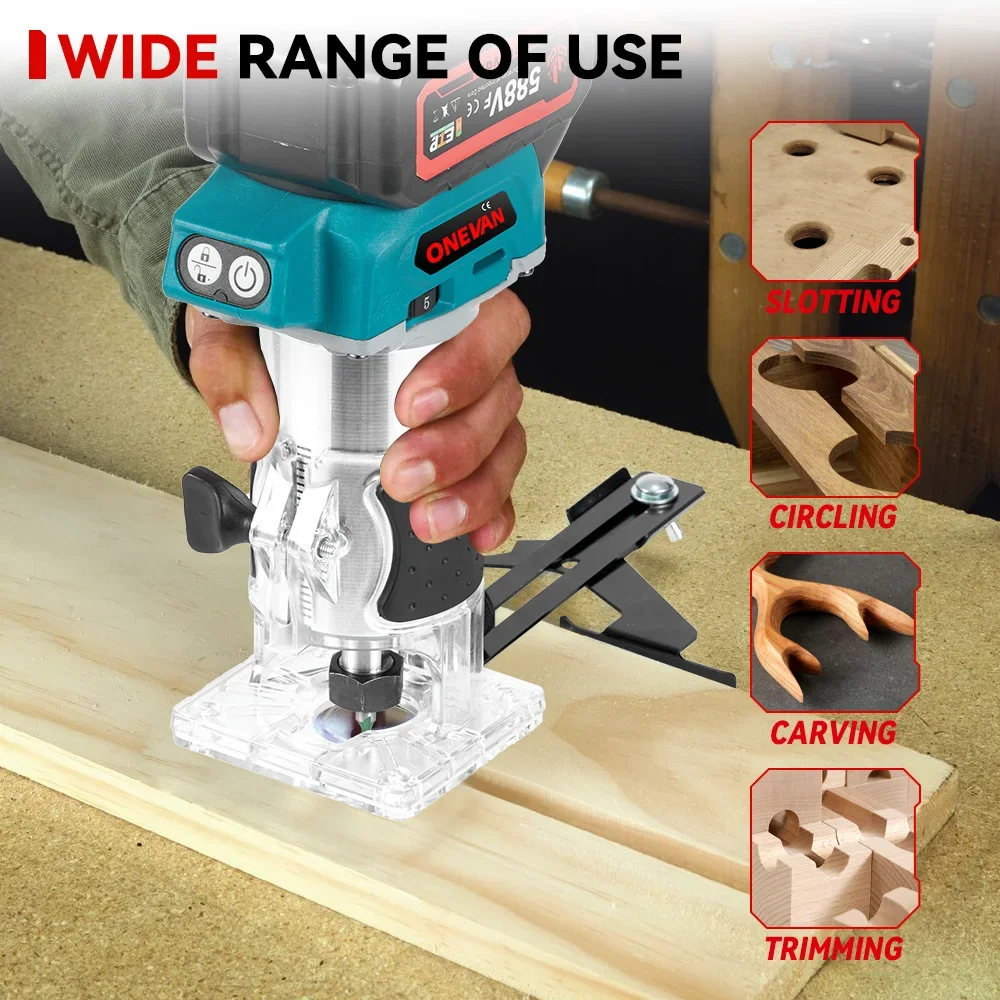 5 Speeds Brushless Electric Hand Trimmer 1600W Cordless Wood Router for Woodworking Engraving Slotting for 21V 18V Battery, wood router